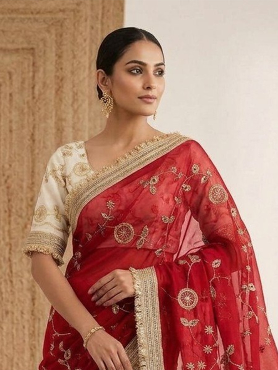 Red Fendy Satin Silk Embroidery Wedding Reception Party Festival Casual Heavy Border Sarees