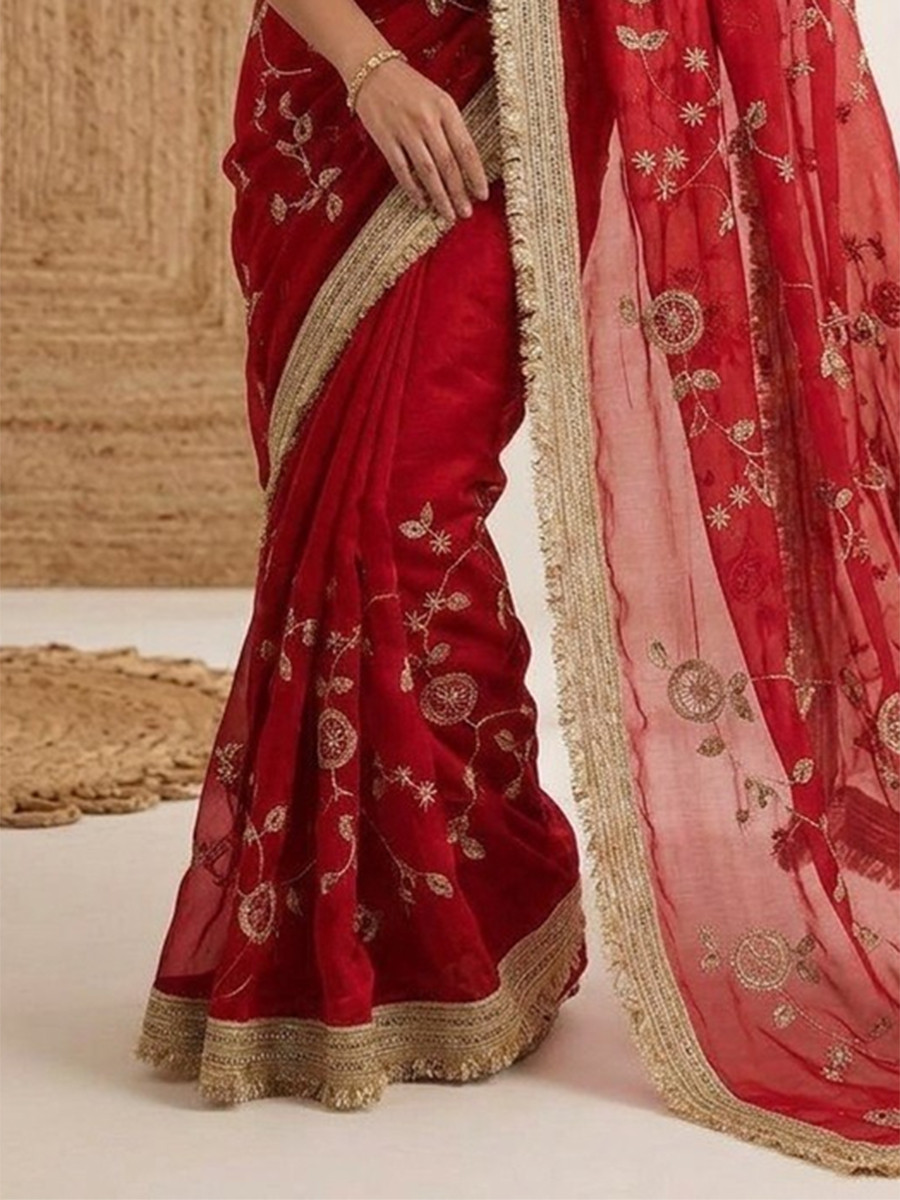 Red Fendy Satin Silk Embroidery Wedding Reception Party Festival Casual Heavy Border Sarees