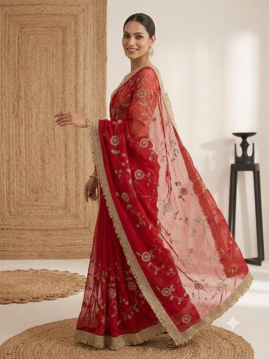 Red Fendy Satin Silk Embroidery Wedding Reception Party Festival Casual Heavy Border Sarees