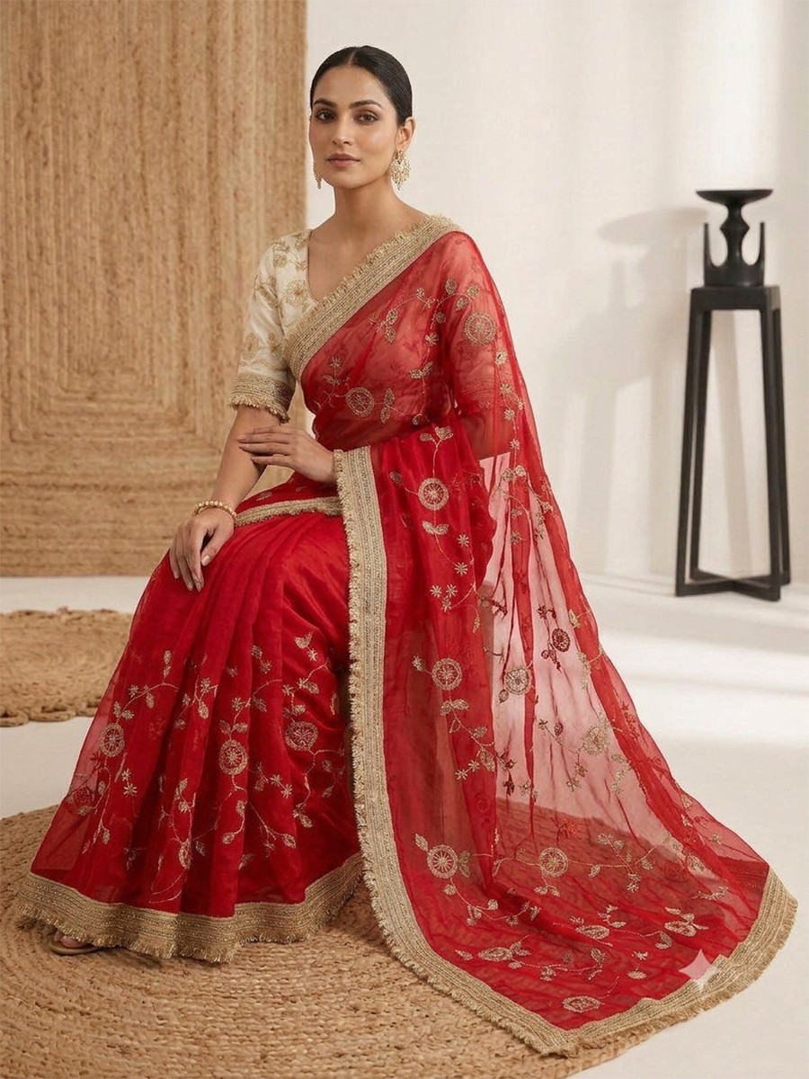 Red Fendy Satin Silk Embroidery Wedding Reception Party Festival Casual Heavy Border Sarees