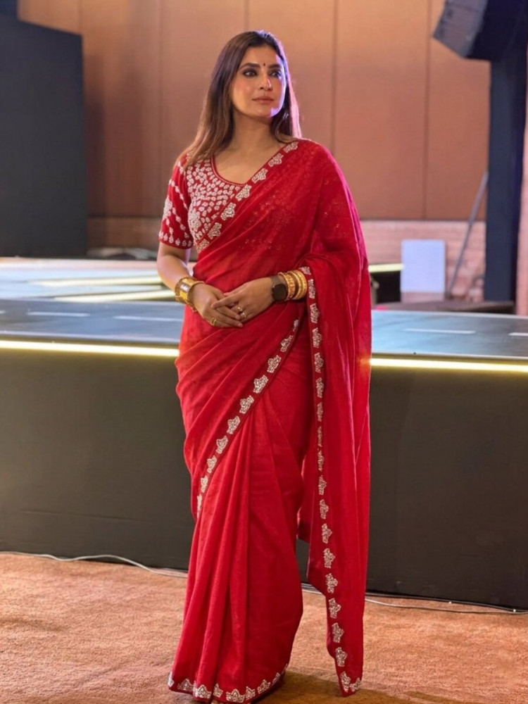 Image of Red Fendy Satin Silk Embroidery Zari Sequins Wedding Reception Party Festival Casual Heavy Border Sarees