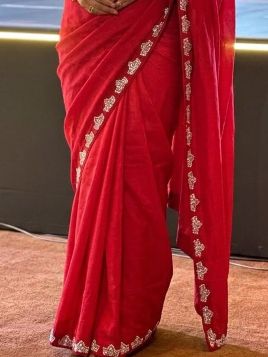 Red Fendy Satin Silk Embroidery Zari Sequins Wedding Reception Party Festival Casual Heavy Border Sarees