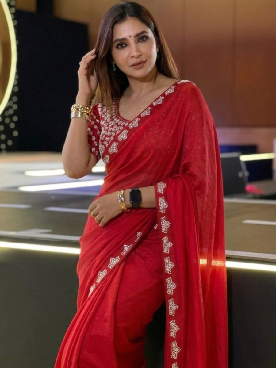 Red Fendy Satin Silk Embroidery Zari Sequins Wedding Reception Party Festival Casual Heavy Border Sarees