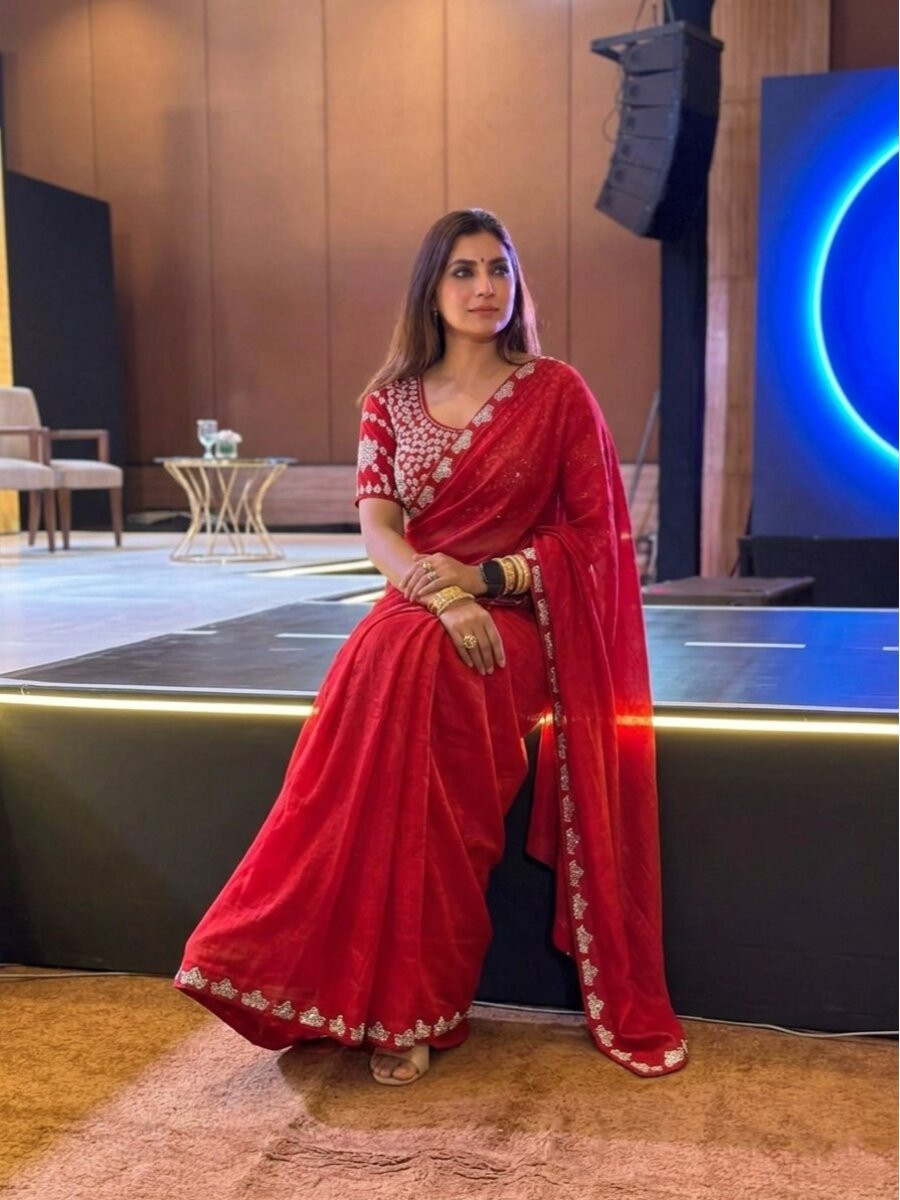Red Fendy Satin Silk Embroidery Zari Sequins Wedding Reception Party Festival Casual Heavy Border Sarees