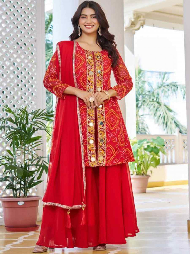 Image of Red Fox Georgette Bhandej Printed Embroidery Party Wedding Festival Casual Ready Anarkali Palazzo Pant Salwar Kameez