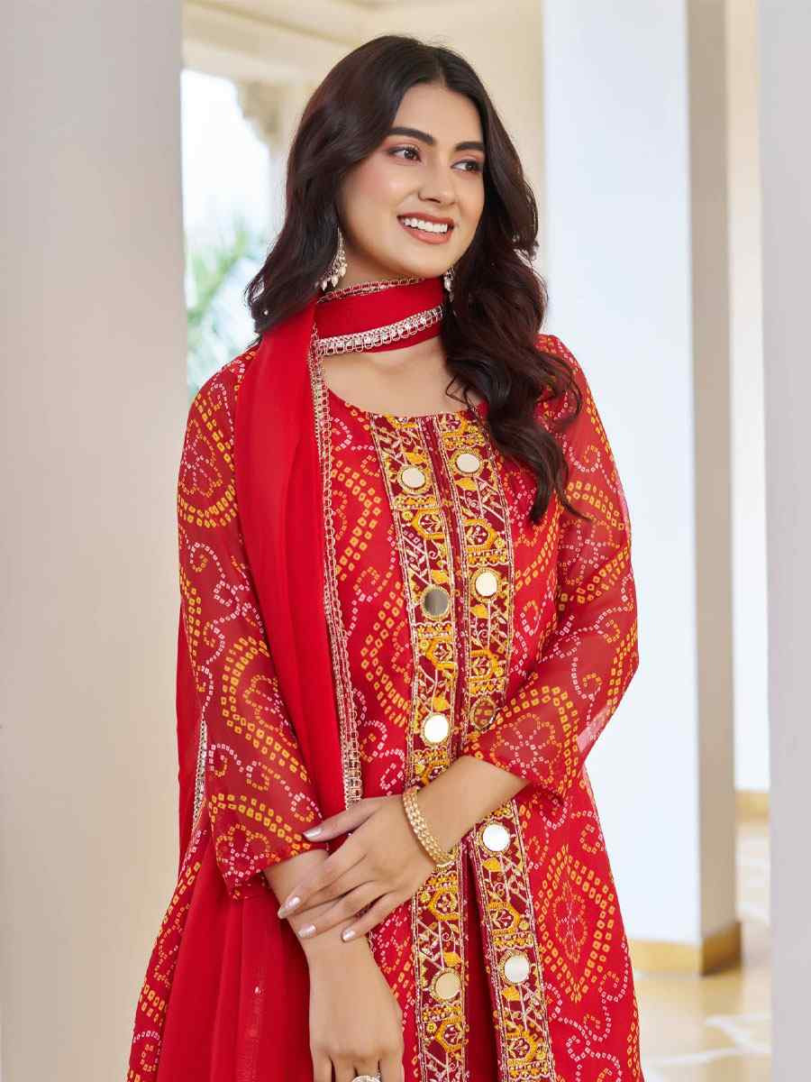 Red Fox Georgette Bhandej Printed Embroidery Party Wedding Festival Casual Ready Anarkali Palazzo Pant Salwar Kameez