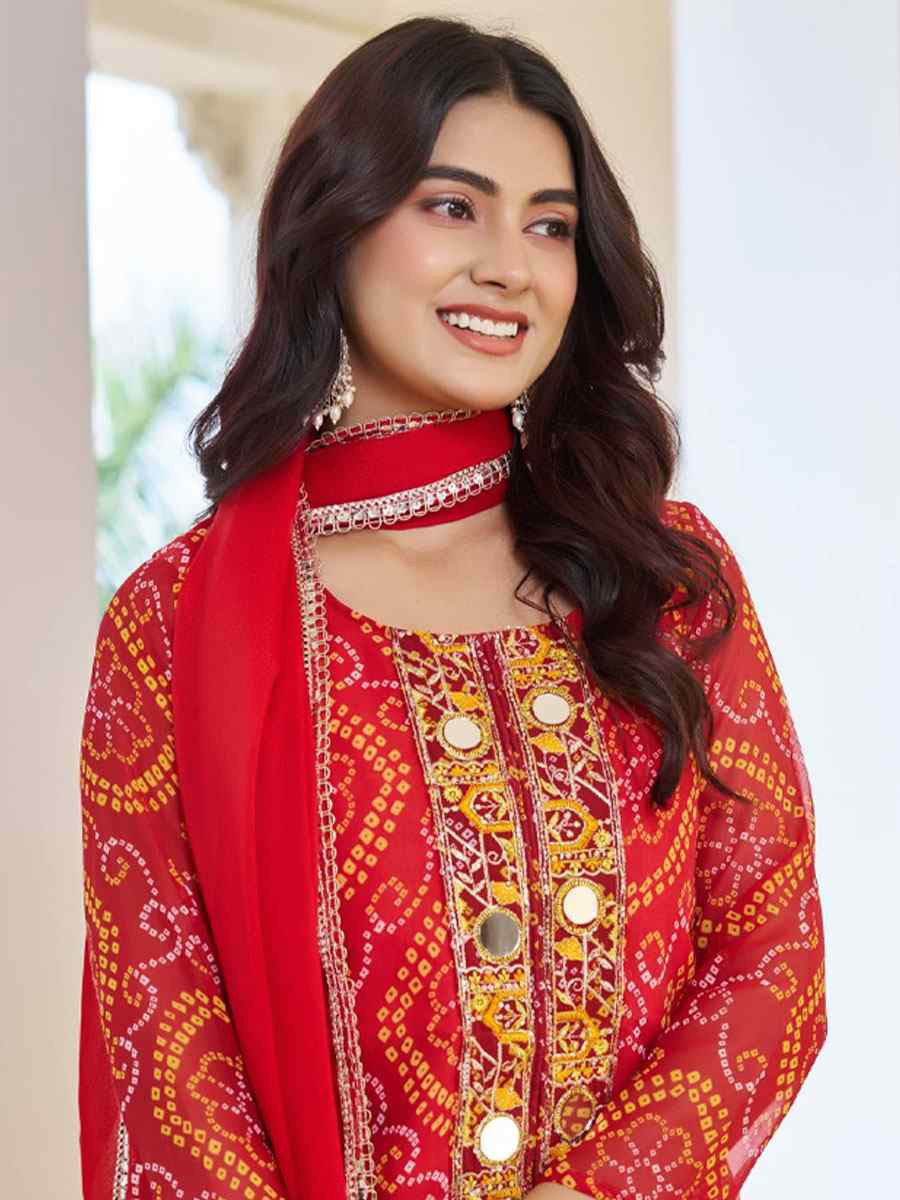 Red Fox Georgette Bhandej Printed Embroidery Party Wedding Festival Casual Ready Anarkali Palazzo Pant Salwar Kameez
