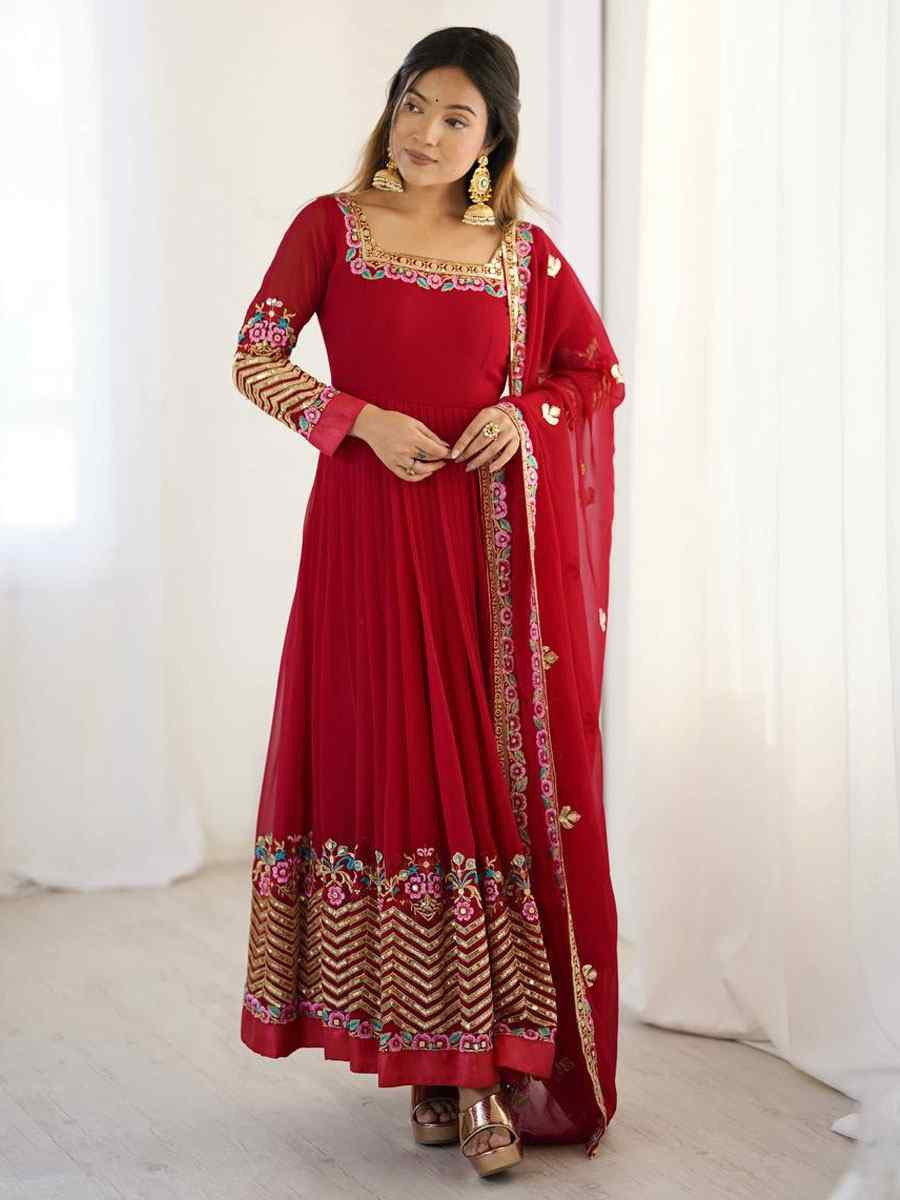 Red Fox Georgette Printed Party Wedding Festival Casual Ready Anarkali Salwar Kameez