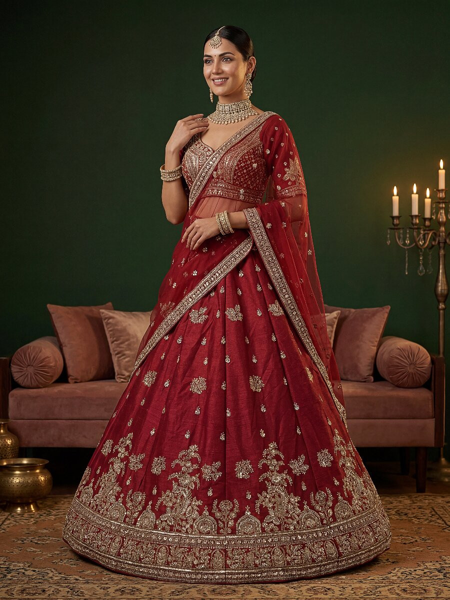 Red Gadhwal Silk Embroidery Sequins Zari Wedding Reception Party Bridal Heavy Border Lehenga Choli