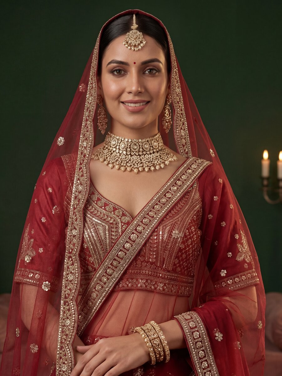 Red Gadhwal Silk Embroidery Sequins Zari Wedding Reception Party Bridal Heavy Border Lehenga Choli