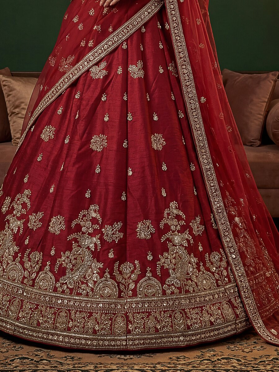 Red Gadhwal Silk Embroidery Sequins Zari Wedding Reception Party Bridal Heavy Border Lehenga Choli