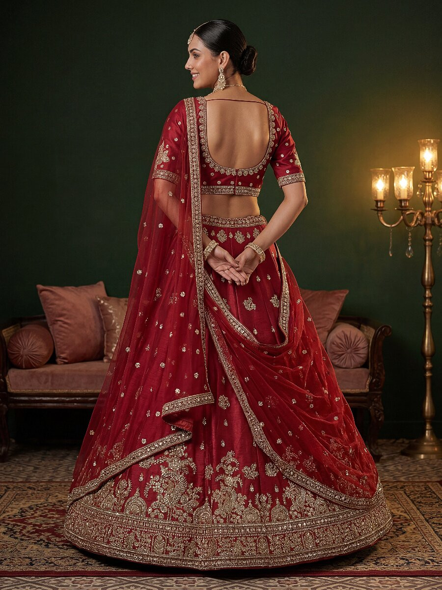 Red Gadhwal Silk Embroidery Sequins Zari Wedding Reception Party Bridal Heavy Border Lehenga Choli