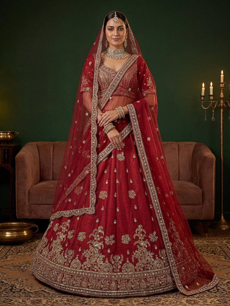 Red Gadhwal Silk Embroidery Sequins Zari Wedding Reception Party Bridal Heavy Border Lehenga Choli
