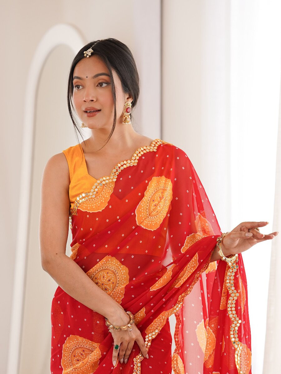Red Georgette Bandhani Printed Mirror Cut Work Wedding Reception Party Festival Casual Heavy Border Sarees