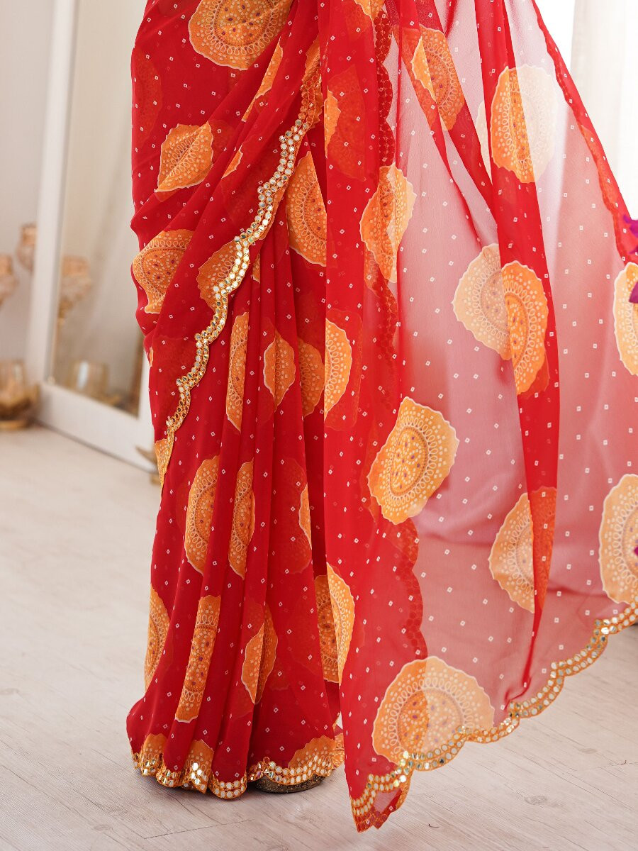 Red Georgette Bandhani Printed Mirror Cut Work Wedding Reception Party Festival Casual Heavy Border Sarees