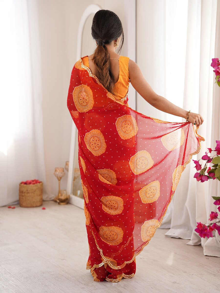 Red Georgette Bandhani Printed Mirror Cut Work Wedding Reception Party Festival Casual Heavy Border Sarees