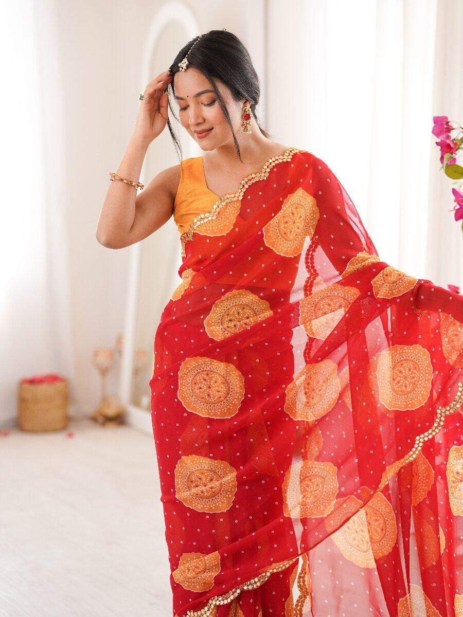 Red Georgette Bandhani Printed Mirror Cut Work Wedding Reception Party Festival Casual Heavy Border Sarees