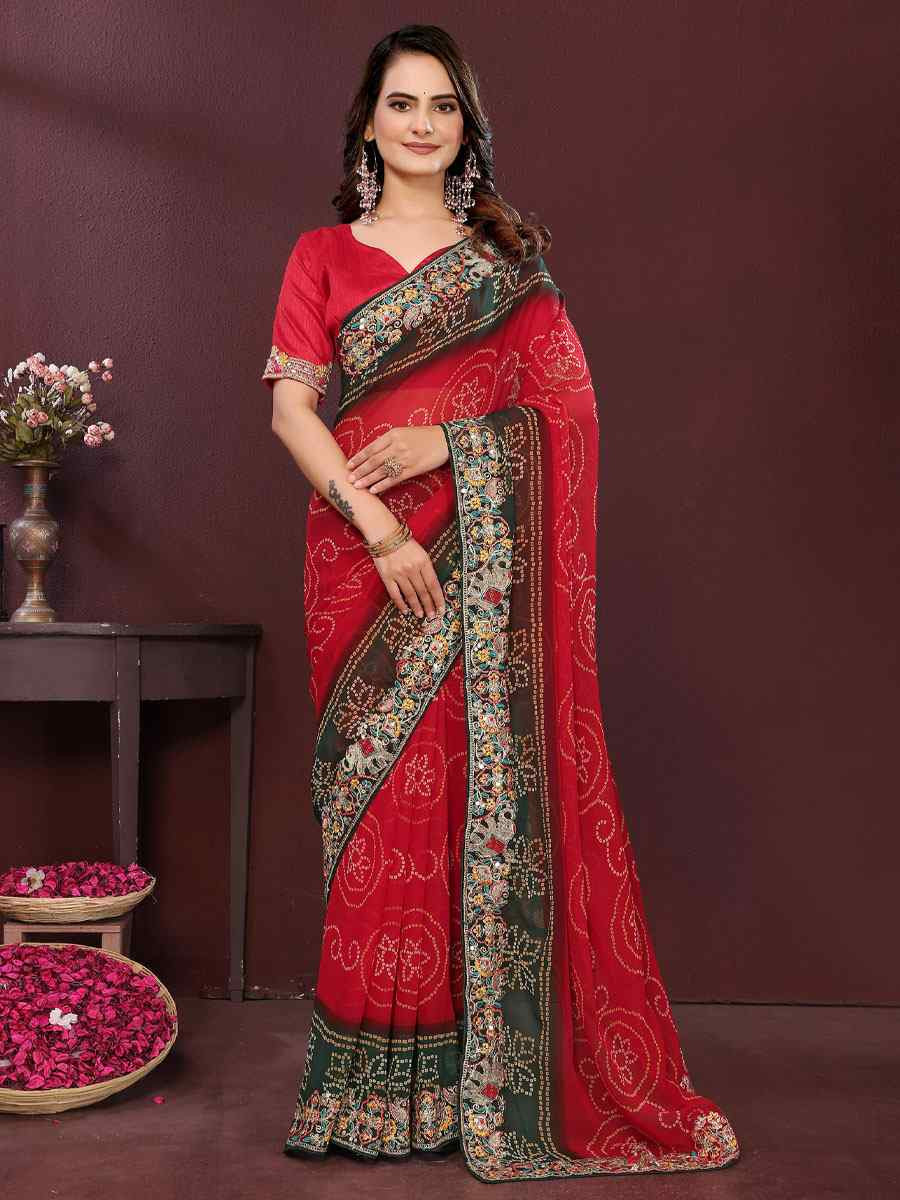 Red Georgette Bhandej Print with Embroidery Party Bridal Reception Festival Wedding Fancy Heavy Border Saree