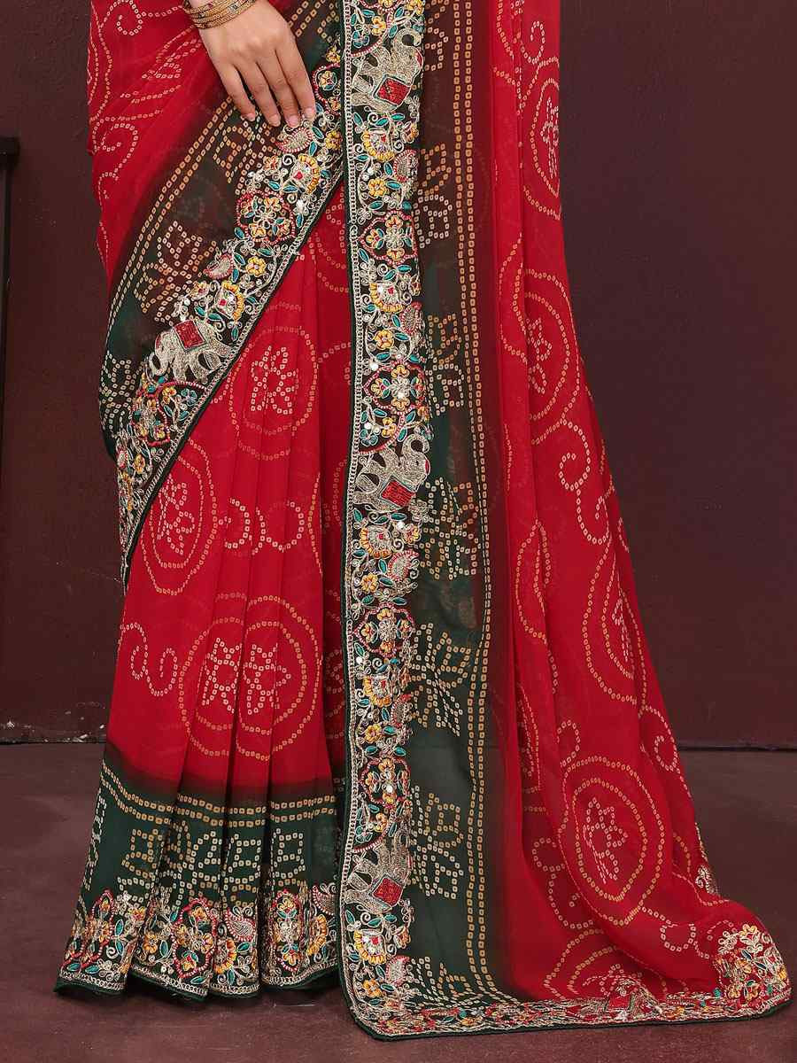 Red Georgette Bhandej Print with Embroidery Party Bridal Reception Festival Wedding Fancy Heavy Border Saree