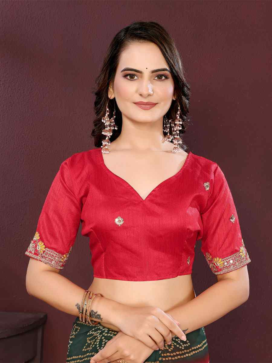 Red Georgette Bhandej Print with Embroidery Party Bridal Reception Festival Wedding Fancy Heavy Border Saree