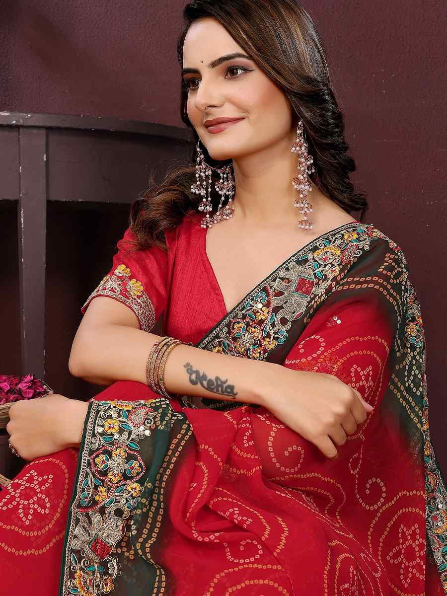 Red Georgette Bhandej Print with Embroidery Party Bridal Reception Festival Wedding Fancy Heavy Border Saree