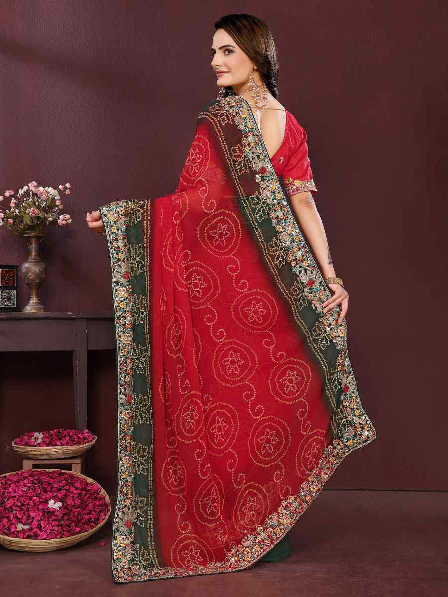 Red Georgette Bhandej Print with Embroidery Party Bridal Reception Festival Wedding Fancy Heavy Border Saree