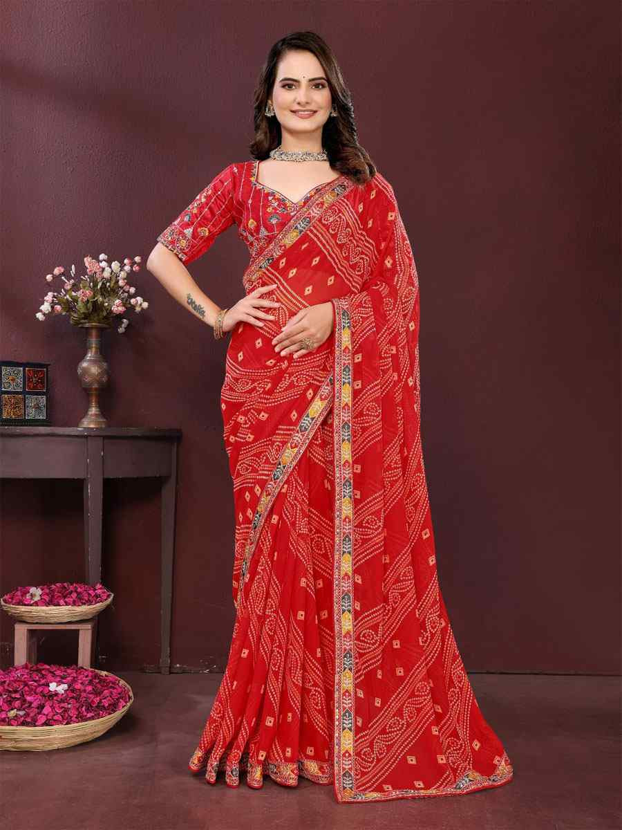 Red Georgette Bhandej Printed Embroidery Traditional Festival Reception Festival Wedding Fancy Heavy Border Saree