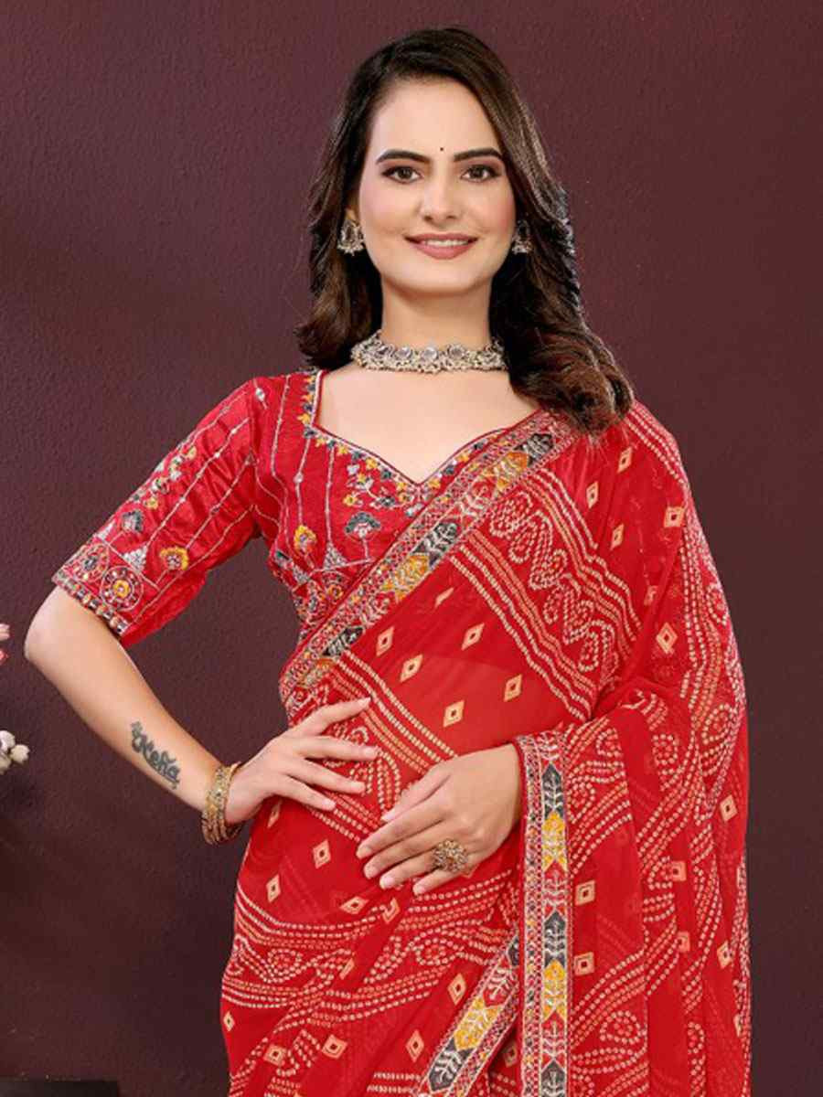 Red Georgette Bhandej Printed Embroidery Traditional Festival Reception Festival Wedding Fancy Heavy Border Saree
