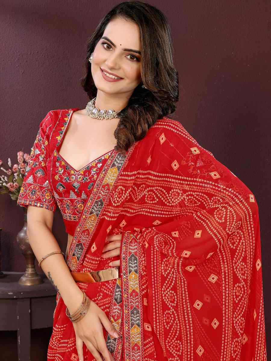 Red Georgette Bhandej Printed Embroidery Traditional Festival Reception Festival Wedding Fancy Heavy Border Saree
