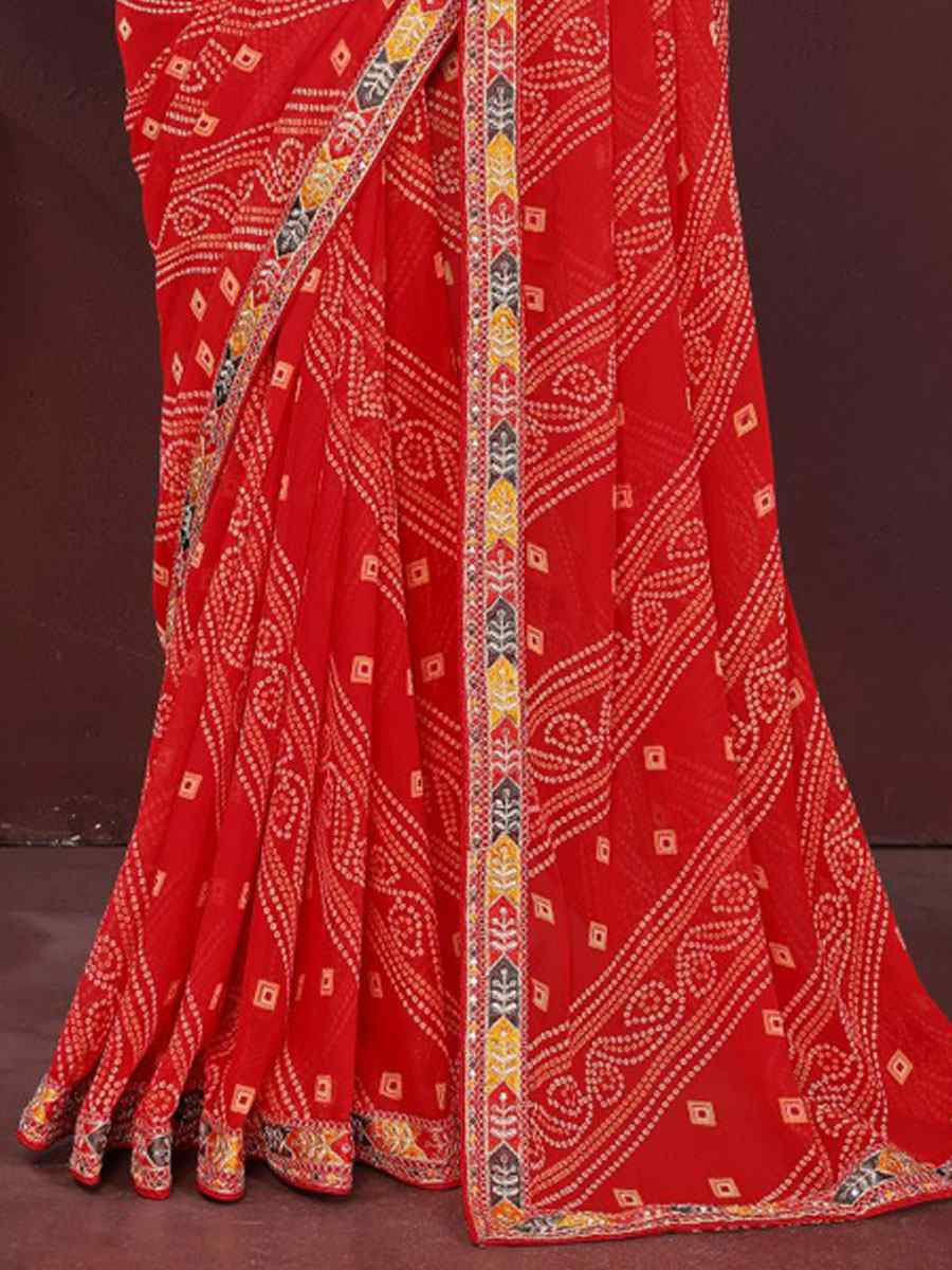 Red Georgette Bhandej Printed Embroidery Traditional Festival Reception Festival Wedding Fancy Heavy Border Saree