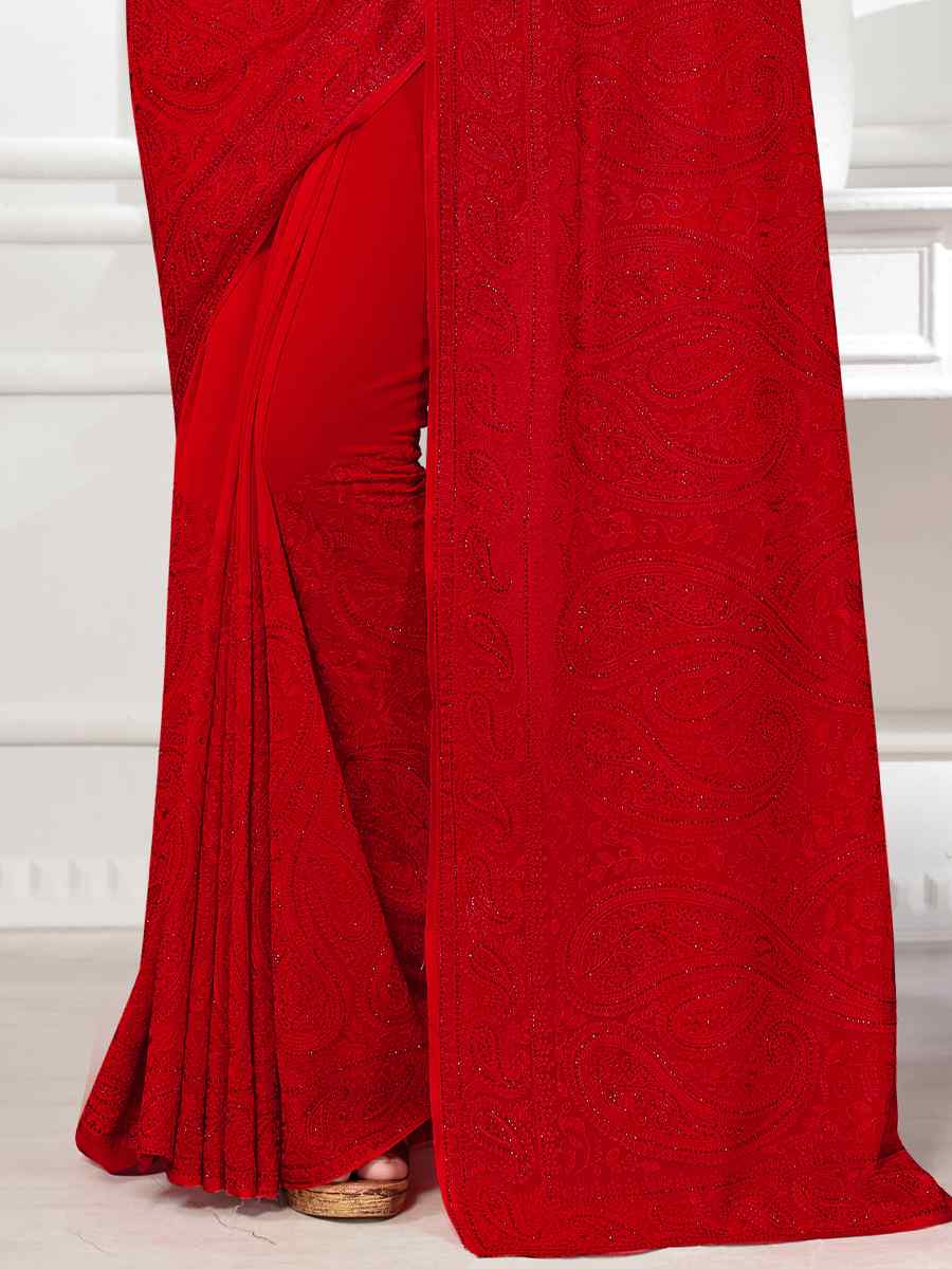 Red Georgette Embroidered Bridesmaid Reception Heavy Border Saree