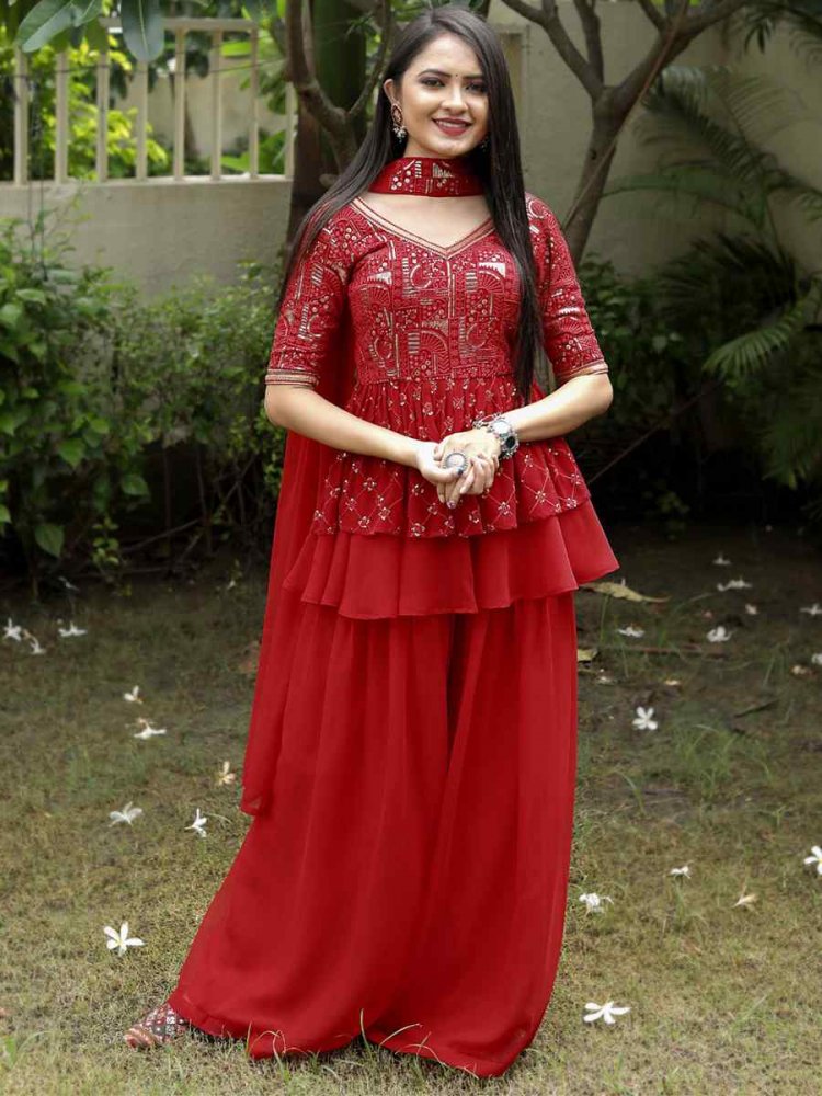 Red Georgette Embroidered Festival Mehendi Ready Sharara Pant Salwar Kameez