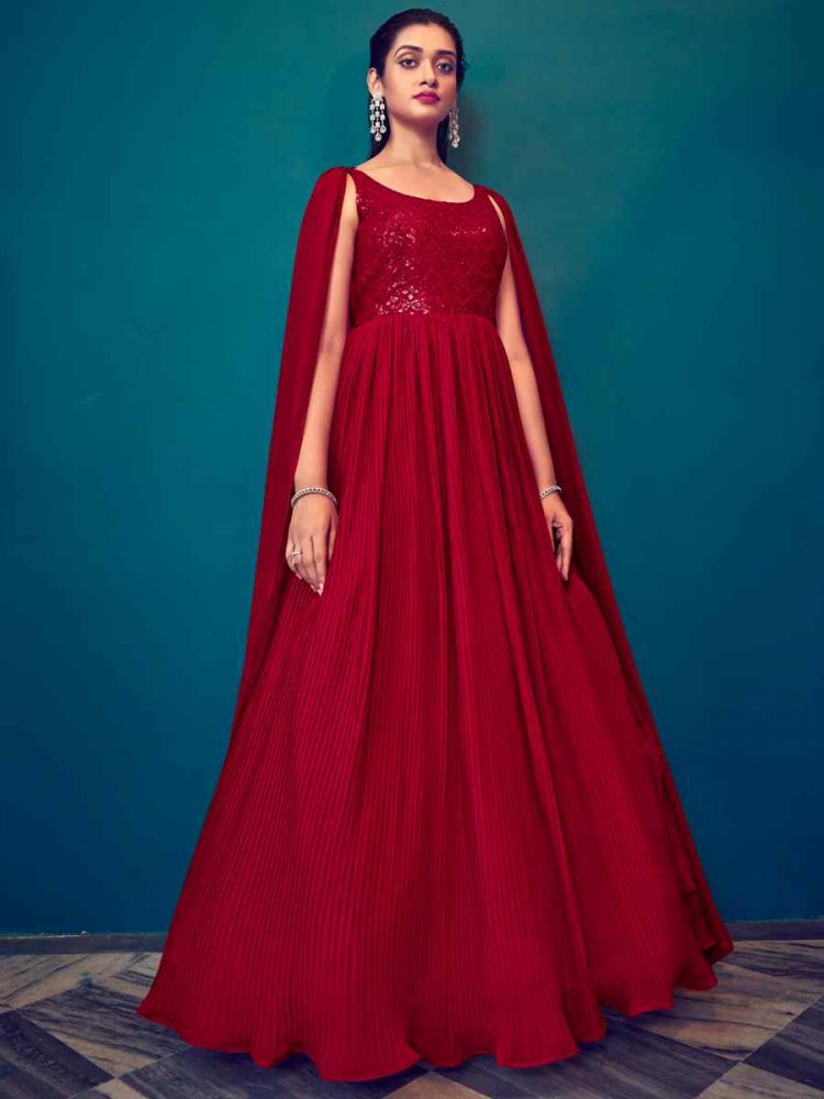 Red Georgette Embroidered Festival Party Gown