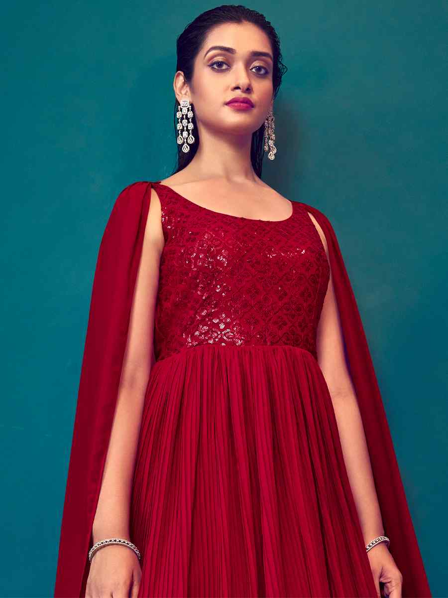 Red Georgette Embroidered Festival Party Gown