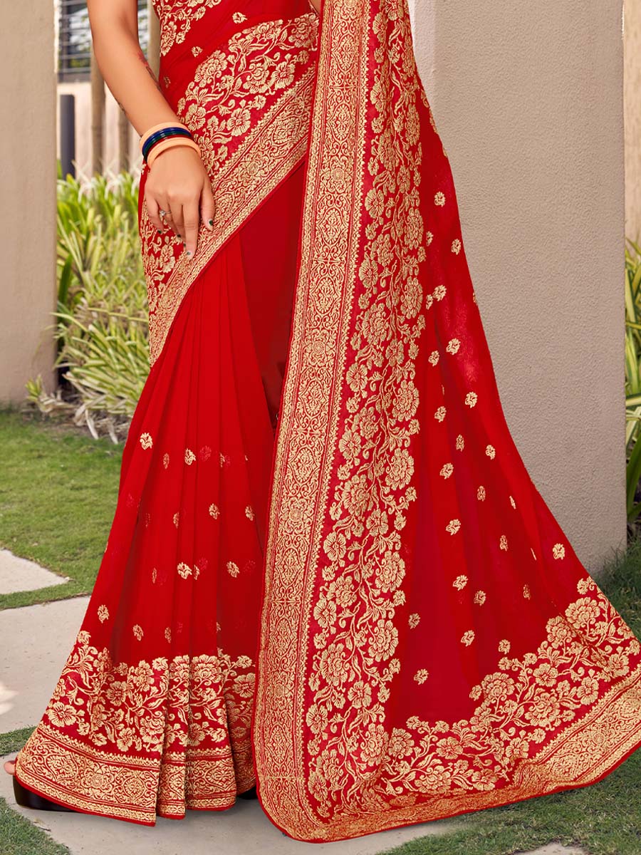 Red Georgette Embroidered Festival Party Heavy Border Saree