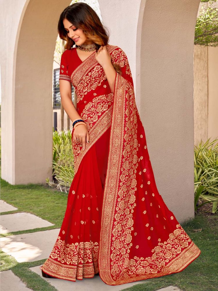 Red Georgette Embroidered Festival Party Heavy Border Saree