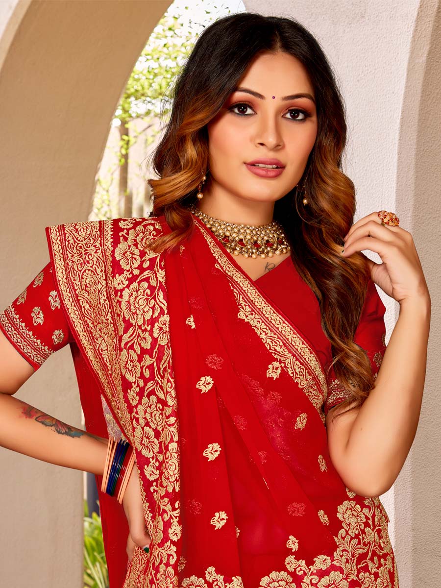 Red Georgette Embroidered Festival Party Heavy Border Saree