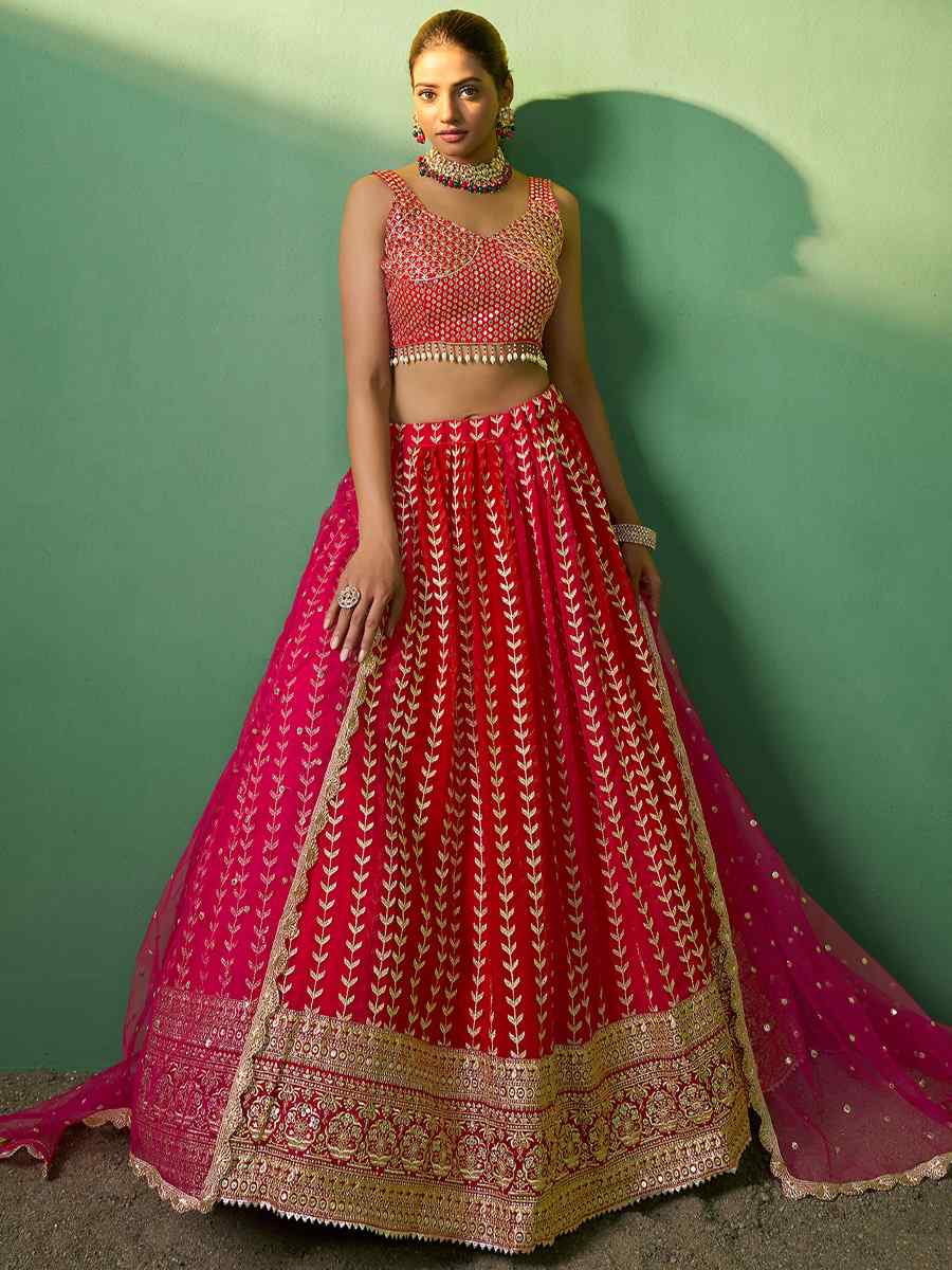 Red Georgette Embroidered Festival Wedding Circular Lehenga Choli
