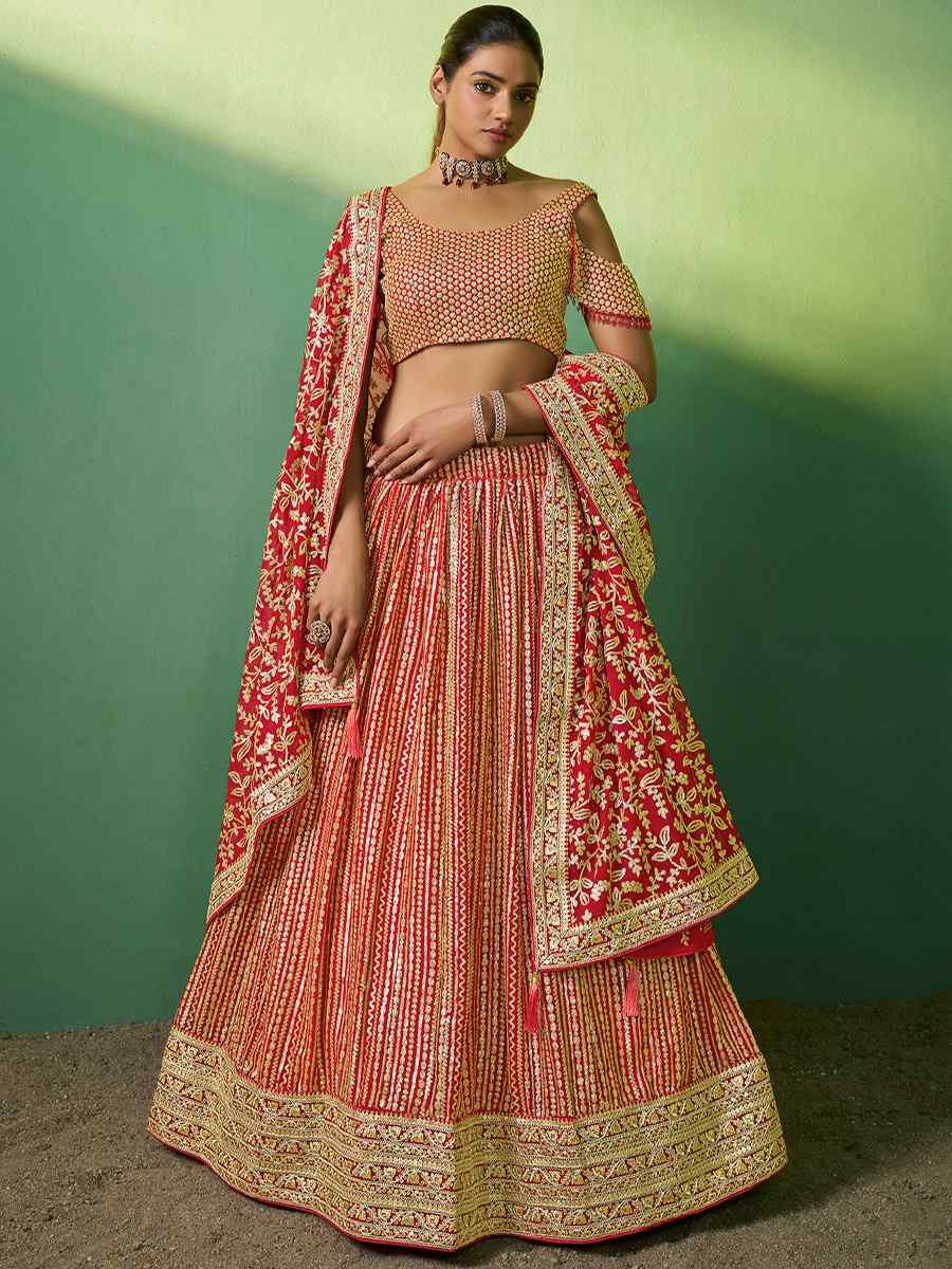 Red Georgette Embroidered Festival Wedding Circular Lehenga Choli