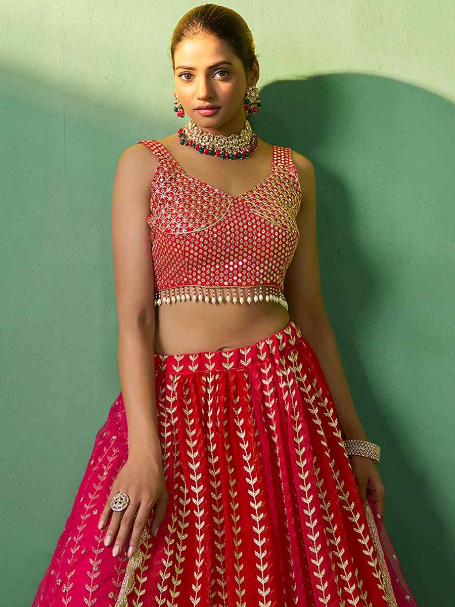Red Georgette Embroidered Festival Wedding Circular Lehenga Choli