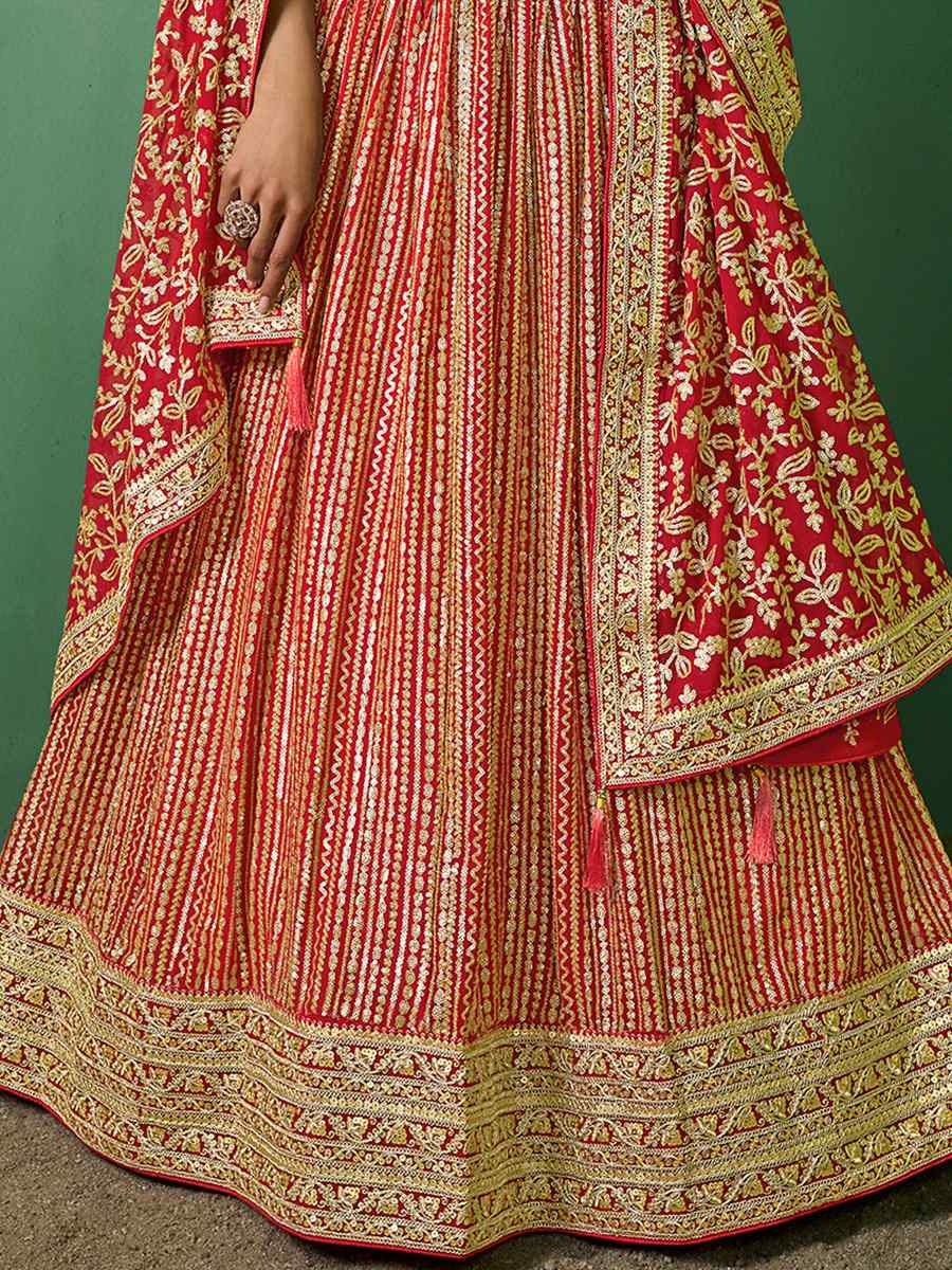 Red Georgette Embroidered Festival Wedding Circular Lehenga Choli