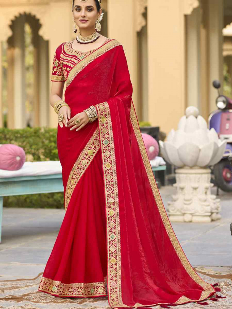 Red Georgette Embroidered Festival Wedding Fancy Heavy Border Saree