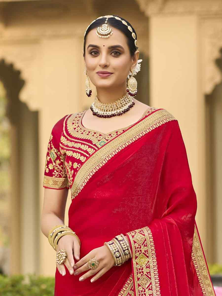 Red Georgette Embroidered Festival Wedding Fancy Heavy Border Saree