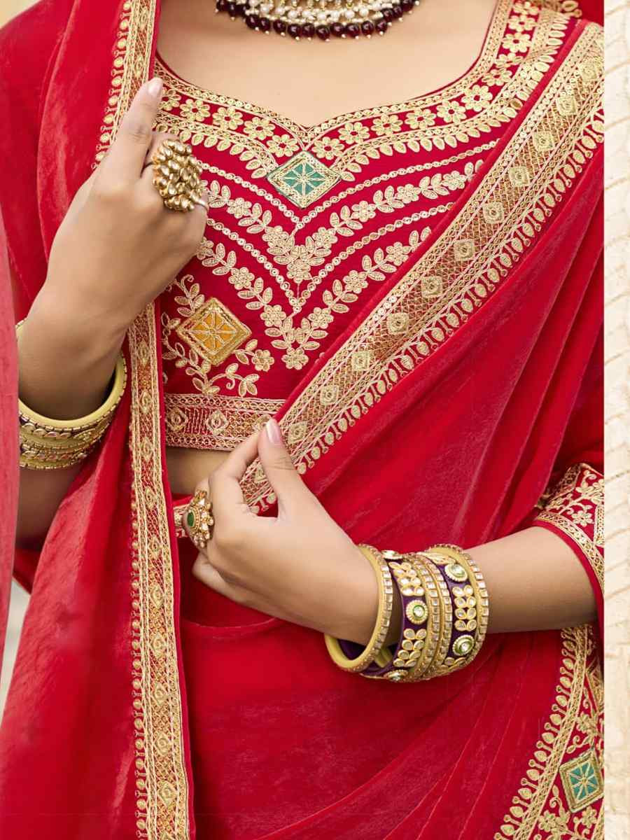 Red Georgette Embroidered Festival Wedding Fancy Heavy Border Saree