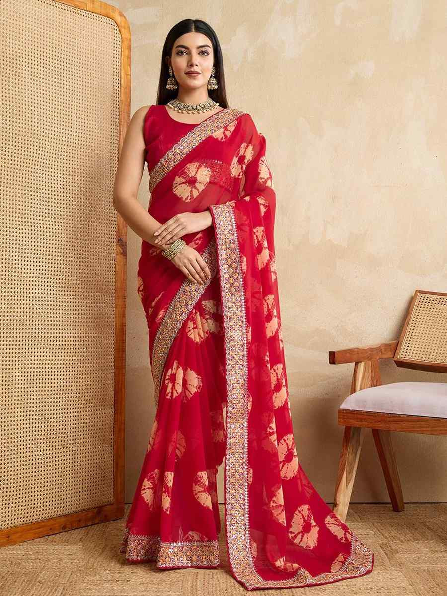 Red Georgette Embroidered Festival Wedding Fancy Heavy Border Saree