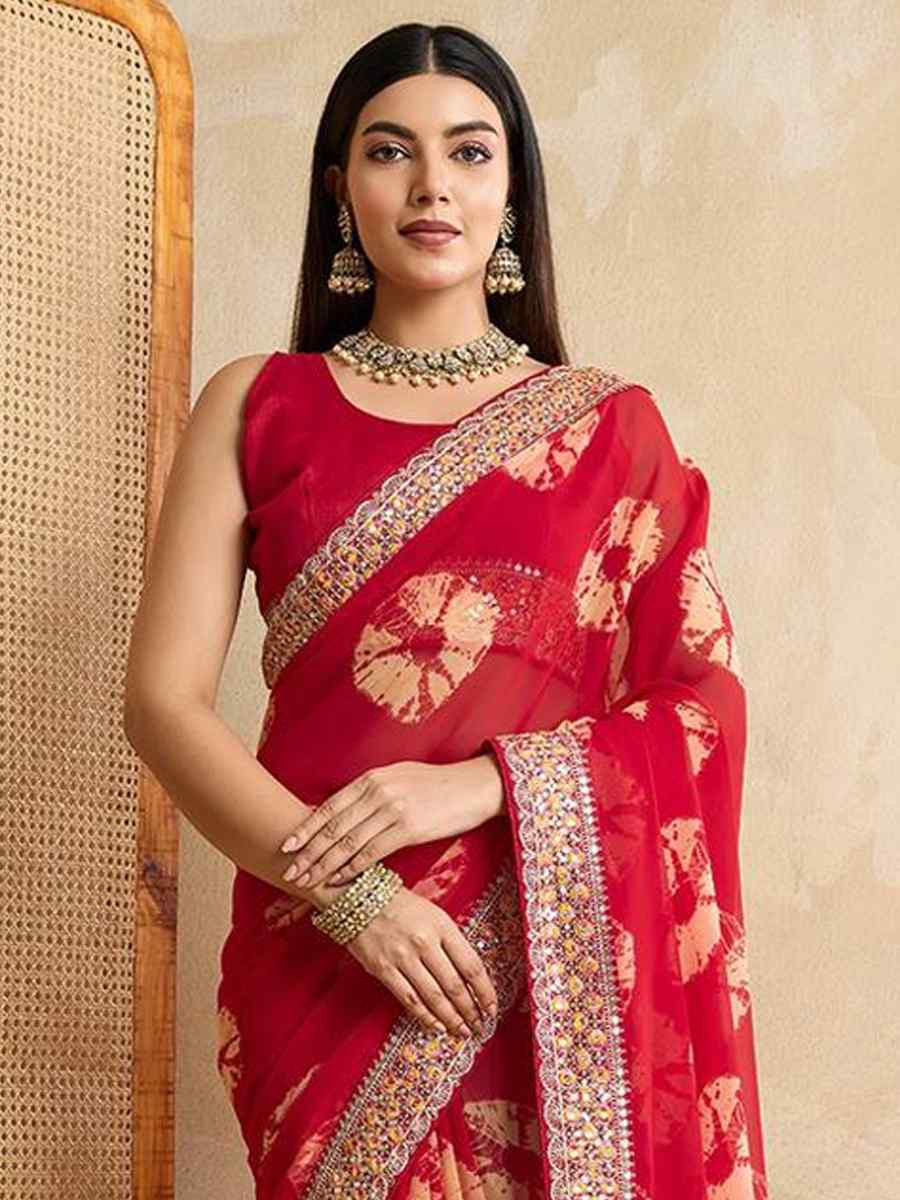 Red Georgette Embroidered Festival Wedding Fancy Heavy Border Saree