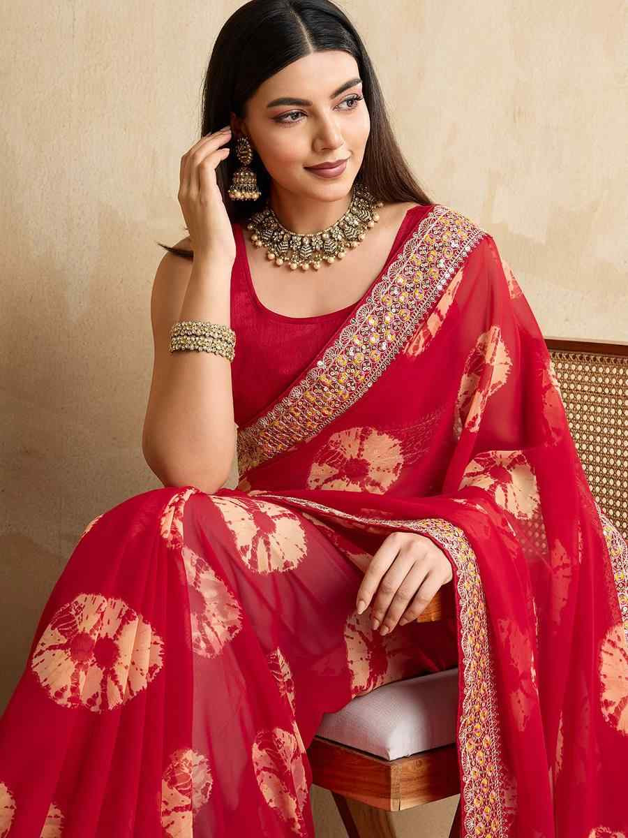 Red Georgette Embroidered Festival Wedding Fancy Heavy Border Saree