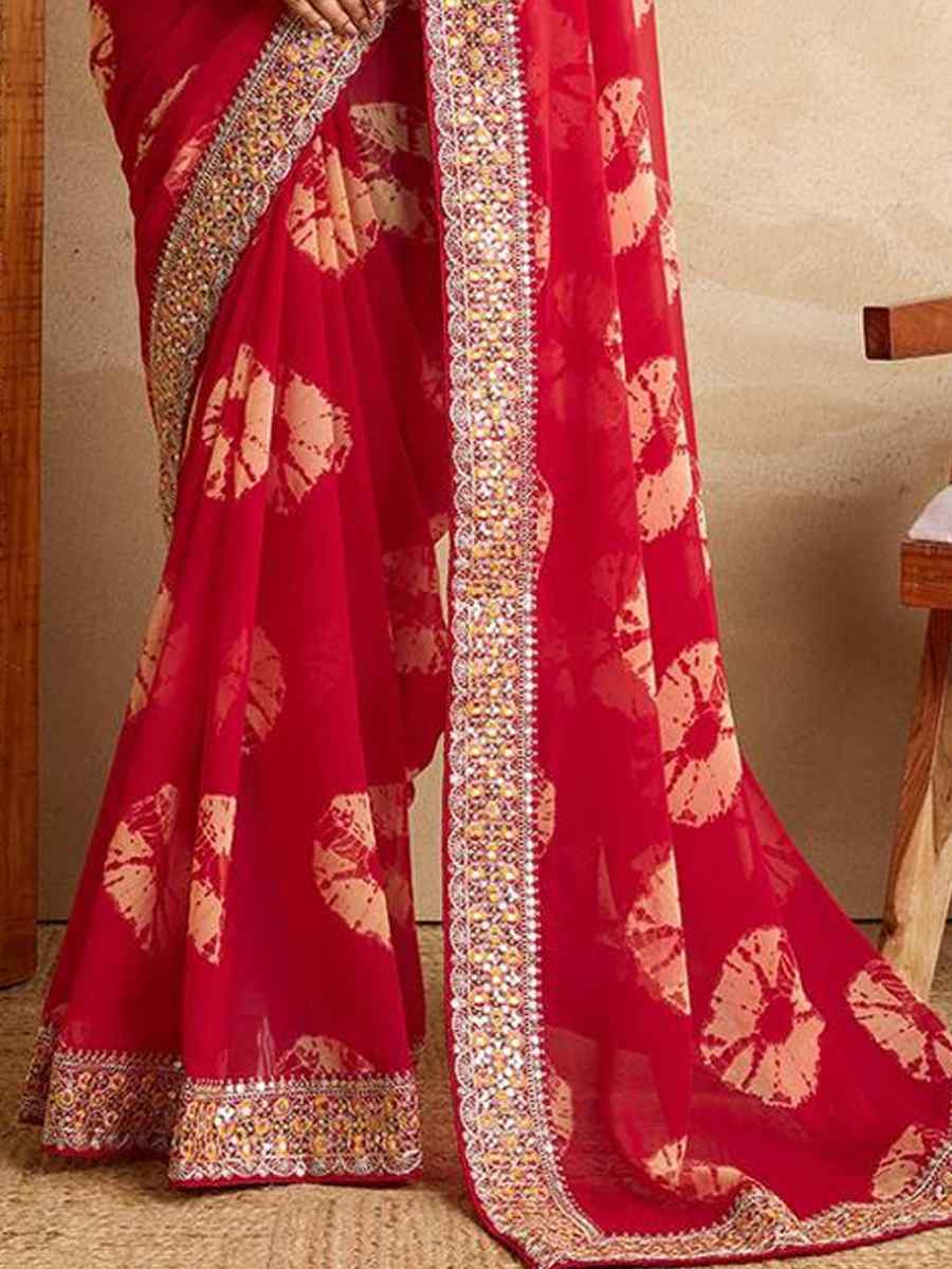 Red Georgette Embroidered Festival Wedding Fancy Heavy Border Saree