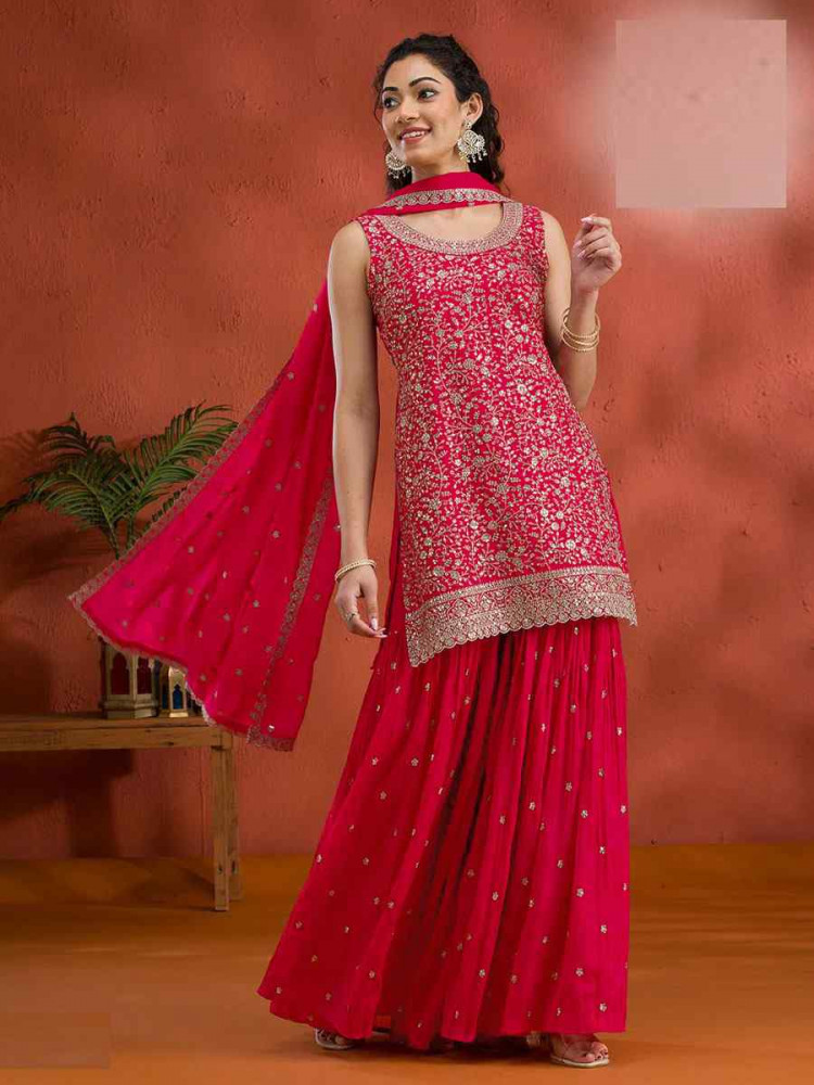 Image of Red Georgette Embroidered Festival Wedding Palazzo Pant Salwar Kameez