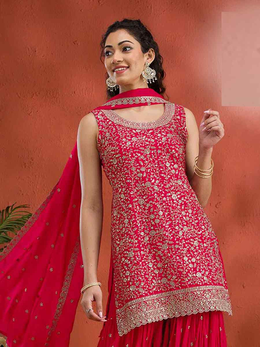 Red Georgette Embroidered Festival Wedding Palazzo Pant Salwar Kameez